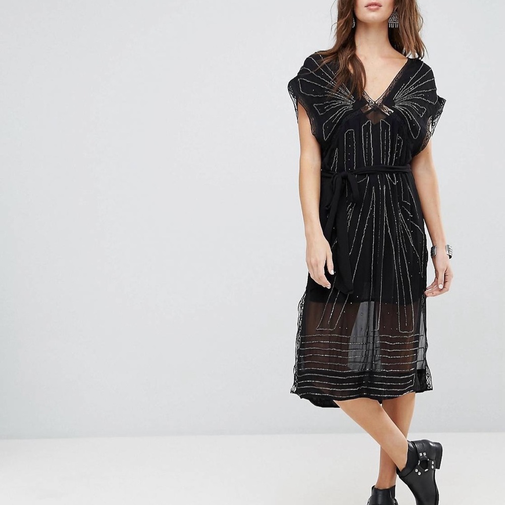 Free People Daisy Embellished Retro Art Deco Midi Dress
